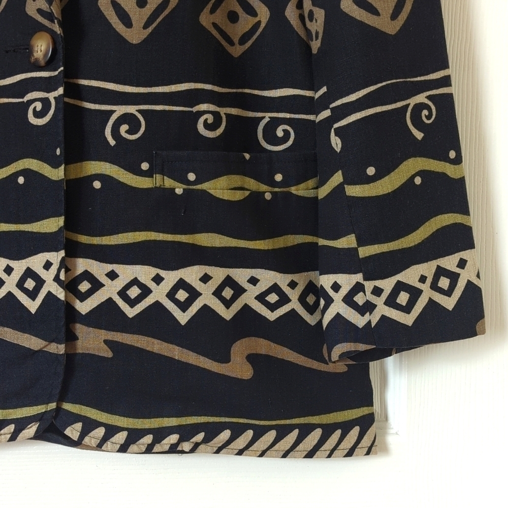 Rafaella 80's Vintage Funky Printed Linen Blend Boxy Blazer Jacket Black Tan 8 - Picture 8 of 12